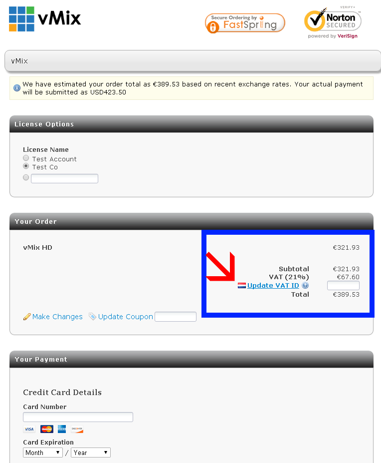 How to enter in a business VAT ID when ordering vMix